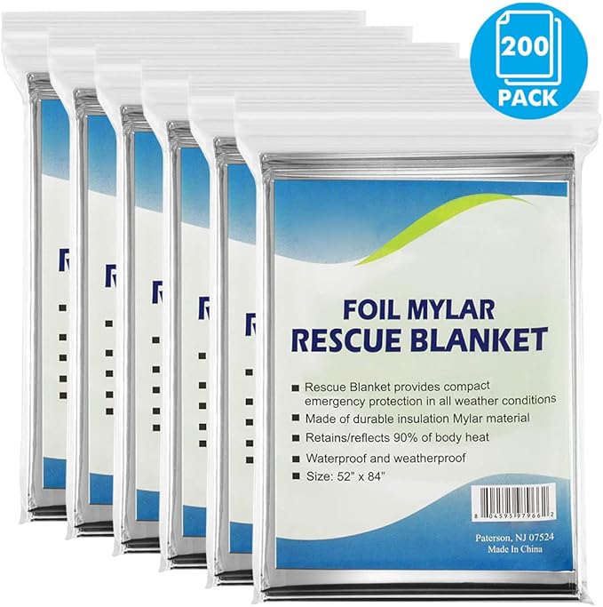 NOVAMEDIC Emergency Mylar Foil Thermal Blankets - Pack of 200, 84"x52", Individually Wrapped, Waterproof Survival Blanket for Camping, Outdoors, First Aid Kit & Travel, Lightweight & Compact, Silver