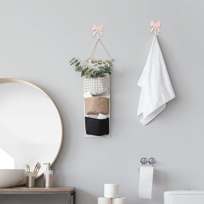 Pink Bow Hook Room Decor, Cute Coquette Bow Knot Wall Hooks Sweet Multi-Purpose Decorative Hook Bow Hanger for Hanging Hats Towels Coats Bowknot Bathroom Shower Living Room Decor