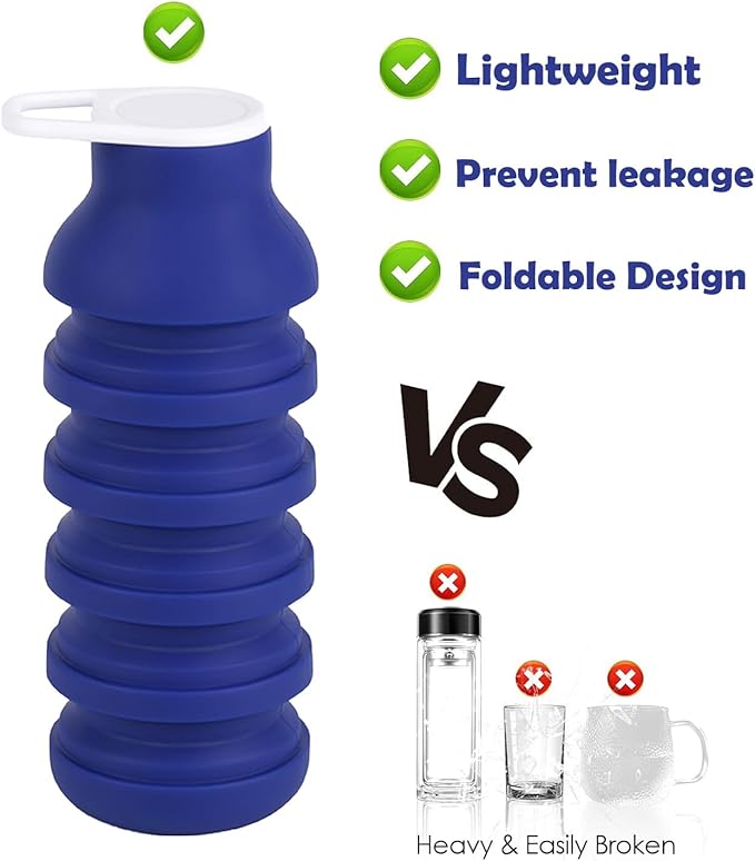 Collapsible Silicone Water Bottle 20oz - Foldable Travel Bottle Leakproof, BPA Free, Space Saving for Gym, Hiking & Travel, Dishwasher Safe(Includes carabiner and cleaning brush),dark blue