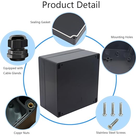 Junction Box IP65 Waterproof ABS Plastic Electrical Project Case Power Junction Boxes, Project Box with 4 PCS M16 Cable Glands 6.30x6.30x3.54 inch (160 x 160 x90 mm)