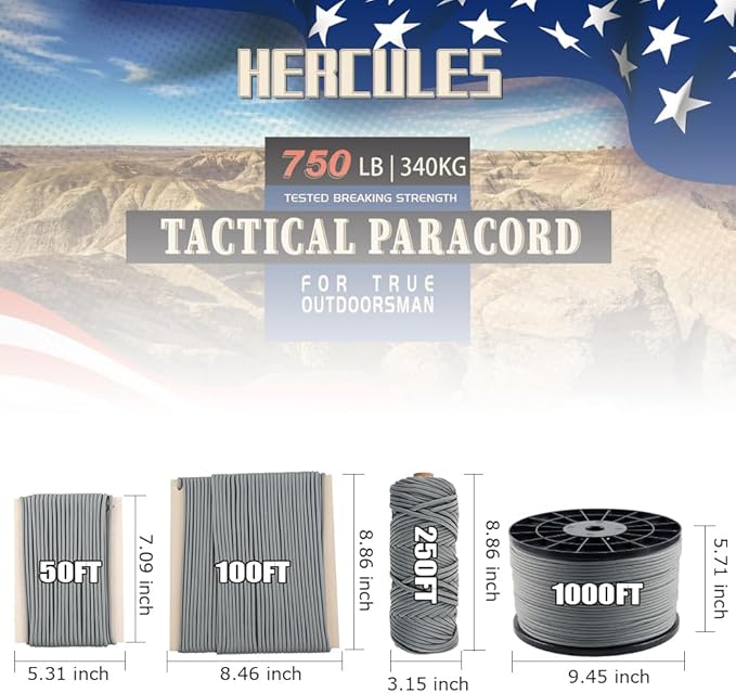 HERCULES 750lb Paracord 4mm 11 Strands Tactical Parachute Cord, 50' 100' 250' 1000' Utility Rope for Camping, Survival, Outdoor Gear (Dark Gray, 250FT)