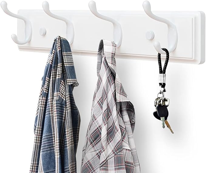 Badiano Wooden Coat Rack, Wall-Mounted Organizer for Closet, Entryway, Hallway, Foyer, Bedroom, Heavy Duty Double Hooks for Hanging Towels, Bags, Hats, Jackets, Key (White, 4 Hooks)