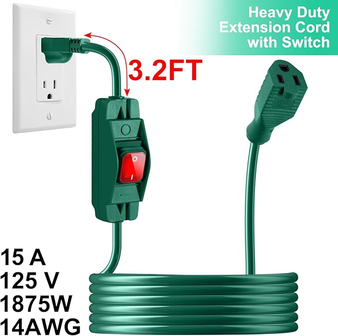 Outdoor Waterproof On/Off Switch Extension Cord, Heavy Duty 125v/250v Black SJTW Cord (10 Ft, Green)