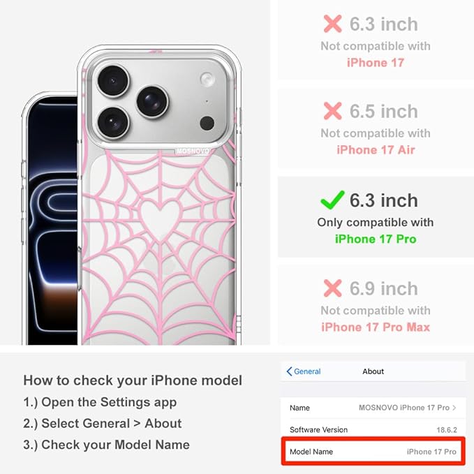 MOSNOVO for iPhone 17 Pro Case, Shockproof Military-Grade Protection 6.6ft Drop Tested, Camera Control, Clear Phone Case for iPhone 17 Pro, Pink Spiderweb Design