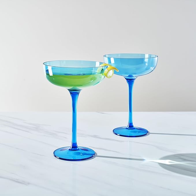 Acrylic Shatterproof Martini, Margarita, Champagne & Cocktail Unbreakable Glasses | Set of 2 | Large Plastic Coupe Glasses 15oz, Tritan Drinkware, BPA-free, Reusable, Pool, Indoor & Outdoor (Blue)