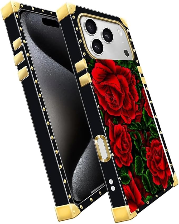 for iPhone 17 Pro Max Case Luxury Golden Decoration for Girl Women Soft TPU Shockproof Protective Hard PC Back for iPhone 17 Pro Max Crazy Pattern Vector Red Rose Green Leaf