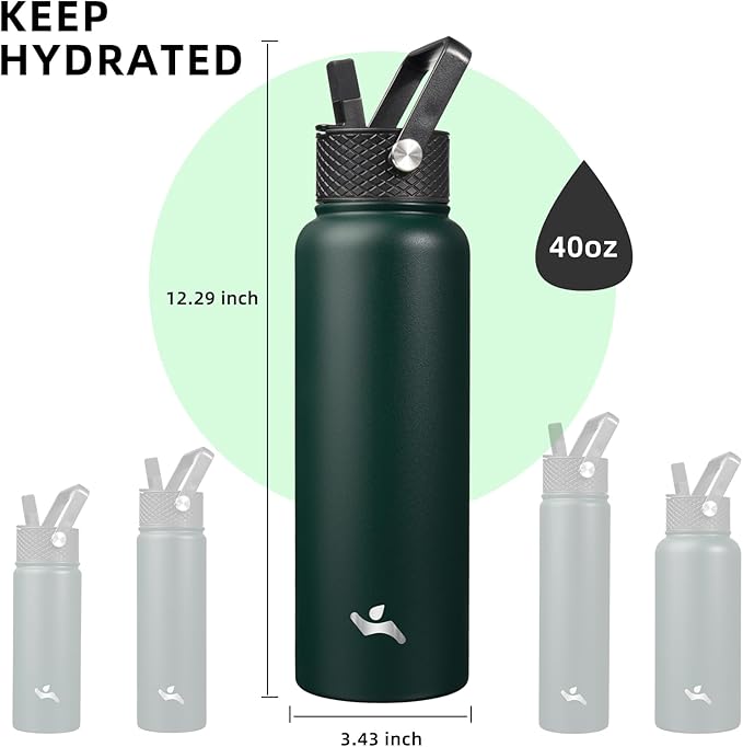 Konokyo 40oz Insulated Water Bottle Stainless Steel Sport Bottles with 3 Lids,Army Green