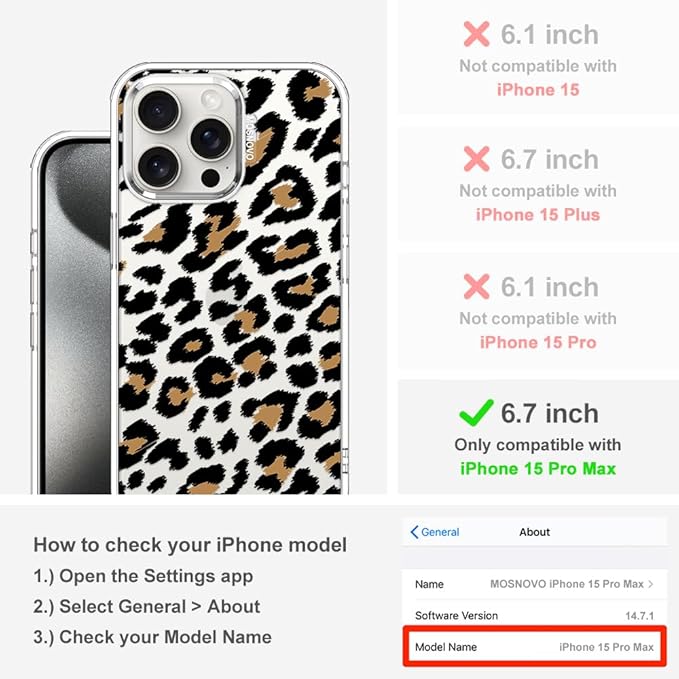MOSNOVO Case for iPhone 15 Pro Max, [Buffertech 6.6ft Military-Grade Drop Protection] [Anti Peel Off Tech] Clear TPU Bumper Phone Case Cover Design - Leopard Print