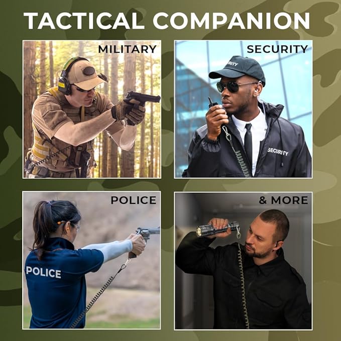 TECEUM Tactical Pistol Lanyard – 3+ Colors – Equipment Accessories for Military, Police, Security & Personal Use – Spring Safety Strap with D-Ring Keeper – Anti-Loss Elastic Coil for Belt or MOLLE