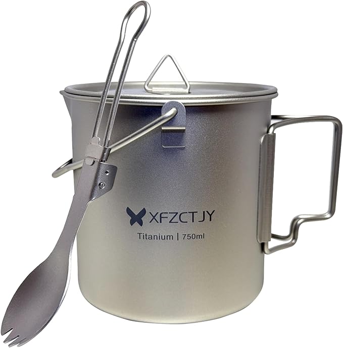 750ml Ultralight Titanium Camping Pot With Lid Spork,With Foldable Handle Detachable Bail For Backpacking, Hiking Mountaineering