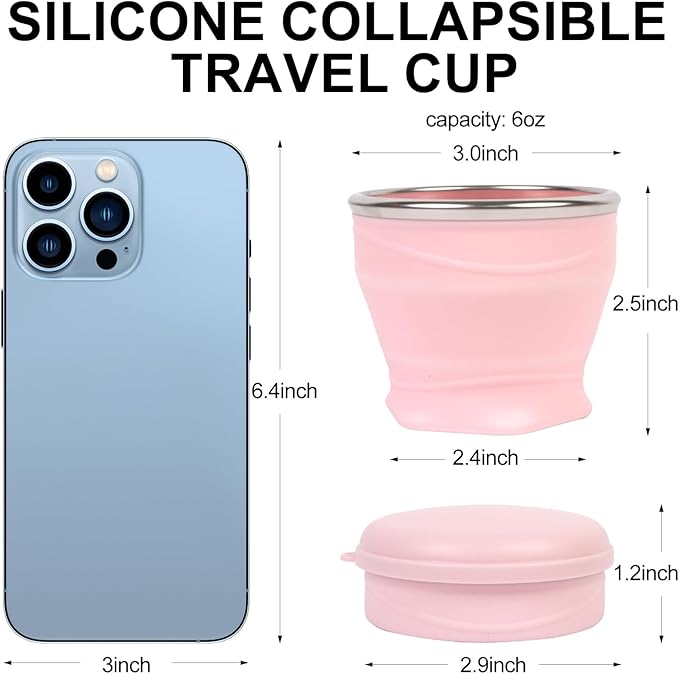 Collapsible Travel Cup with Lid (6oz/180ml) - BPA Free Silicone Folding Cup with Stainless Steel Rim - Portable Pocket Cup for Mouthwash, Pills, Hiking, Camping & Kids(Sakura Pink)