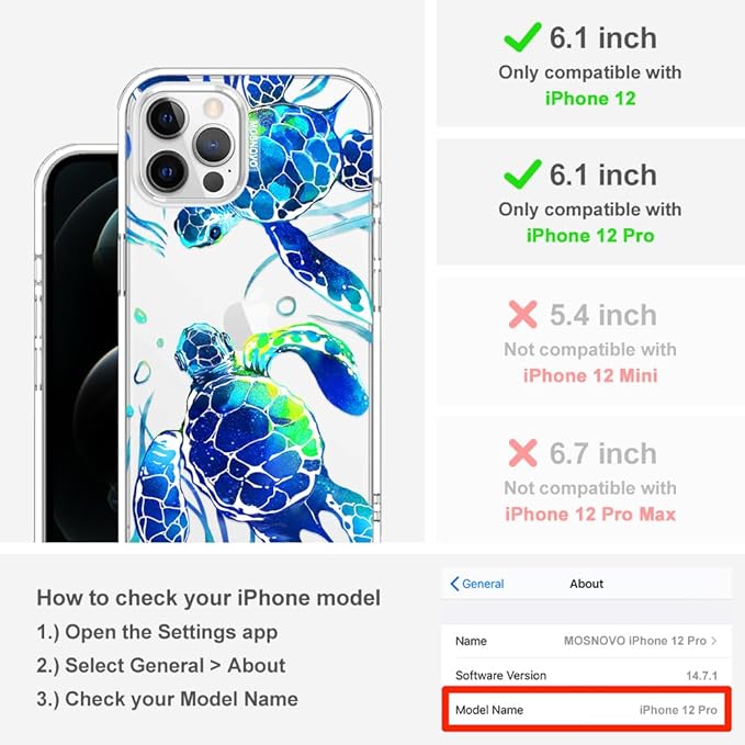 MOSNOVO Case for iPhone 12 & iPhone 12 Pro, [Buffertech 6.6ft Military-Grade Drop Protection] [Anti Peel Off Tech] Clear TPU Bumper Phone Case Cover Design - Sea Turtles