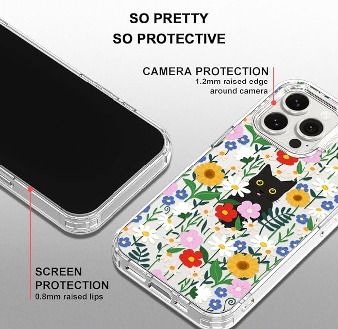 MOSNOVO Case for iPhone 15 Pro Max, [Buffertech 6.6ft Military-Grade Drop Protection] [Anti Peel Off Tech] Clear TPU Bumper Phone Case Cover Design - Black Cat in Garden