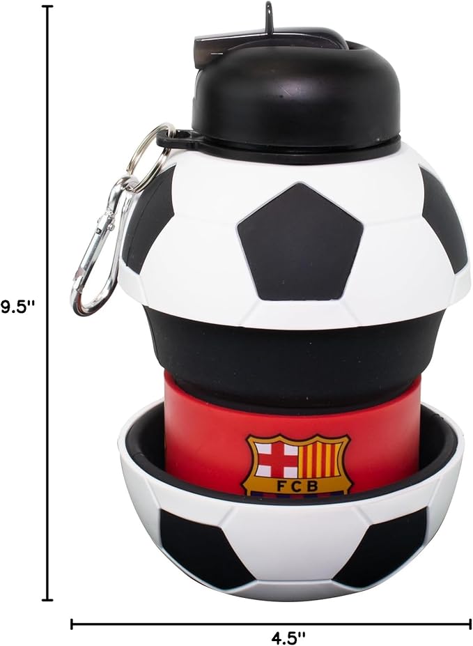 Maccabi ART Barcelona Clip-On Collapsible 1 Liter, 34 oz. size BPA-Free Silicone Soccer Large Water Bottle