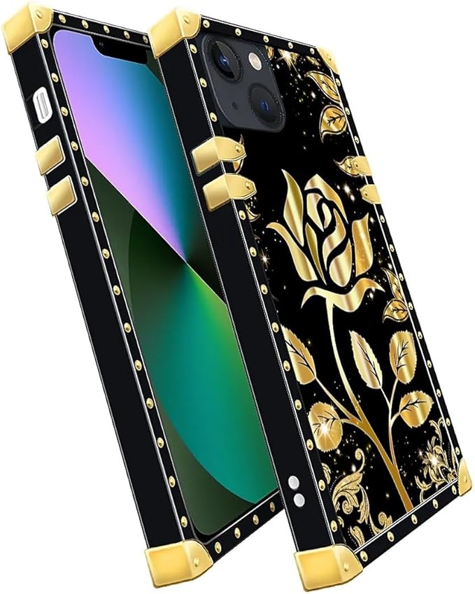 Compatible with iPhone 13 Case, Shine Gold Rose Luxury Golden Decoration for Girl Women Soft TPU Shockproof Protective Hard PC Back for iPhone 13