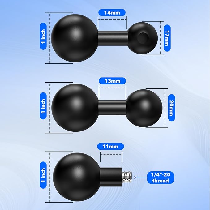 1-Inch (B Size) Ball Adapter Kit for RAM Mounts – Includes 20mm Ball Adapter, 17mm Ball Adapter, 1/4"-20 Stud, and Magnetic Phone Holder