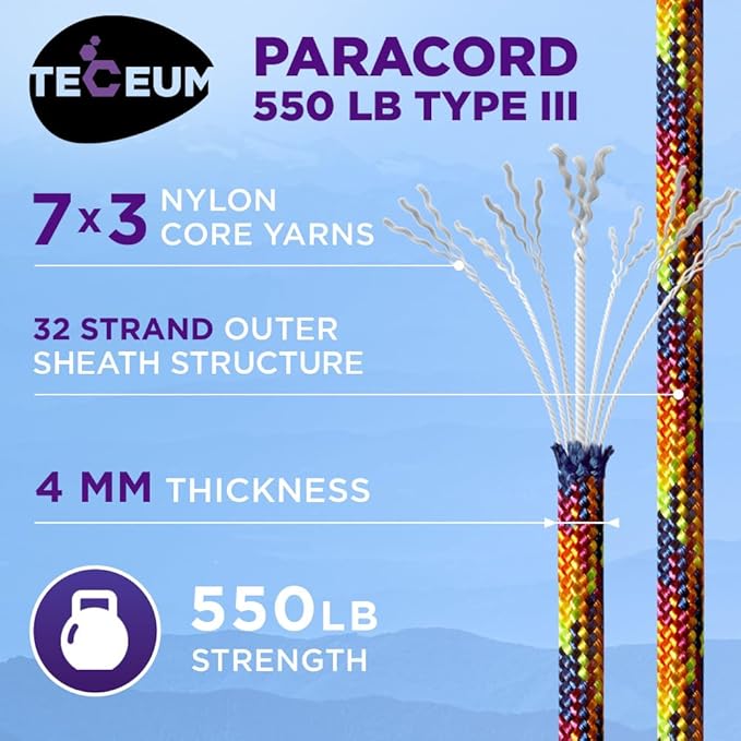 TECEUM Reflective Paracord Rope 1000 – 1000ft/200ft/100ft/50ft – 40+ Colors – Glow in The Dark – para Cord – Utility Rope for Survival, Hunting & Camping Gear – Nylon String, Camping Rope, Tent Cord