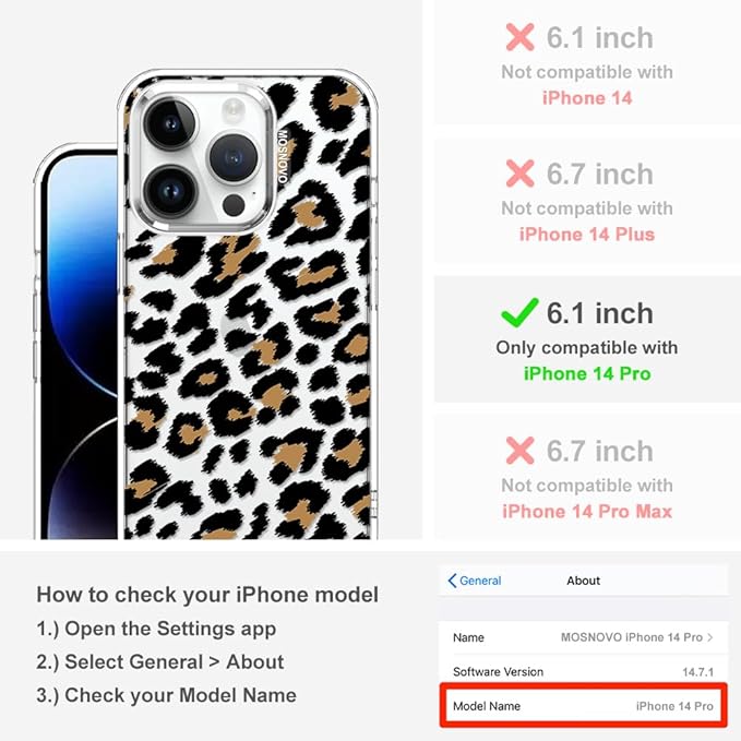 MOSNOVO Case for iPhone 14 Pro, [Buffertech 6.6ft Military-Grade Drop Protection] [Anti Peel Off Tech] Clear TPU Bumper Phone Case Cover Design - Leopard Print