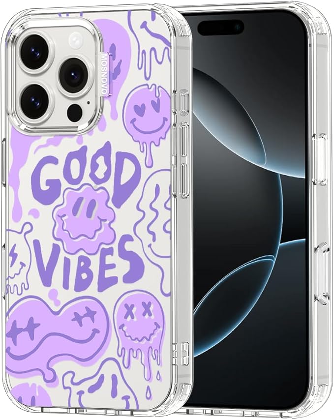 MOSNOVO Case for iPhone 16 Pro, [Buffertech 6.6ft Military-Grade Drop Protection] [Anti Peel Off Tech] Clear TPU Bumper Phone Case Cover Design - Good Vibes