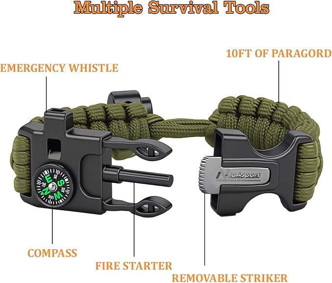 Paracord Survival Bracelet (3 Pack) - Adjustable with Fire Starter, Whistle, Compass - Survival Gear for Hiking, Camping, Fishing, Gifts for Men Dad Husband
