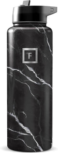 IRON °FLASK Camping & Hiking Hydration Flask with Straw, Wide Mouth Insulated Stainless Steel Sports Water Bottle - Black Marquina 40 oz - Straw (1 Lid)