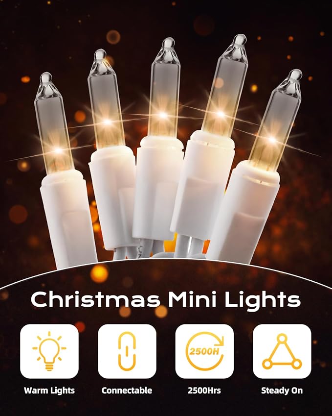 Brightown Christmas Lights, 100-Count 20ft Clear Incandescent Bulb Mini String Lights for Indoor Holiday Decor, Christmas Tree Garland Wedding Party Multi-Use Decoration, White Wire