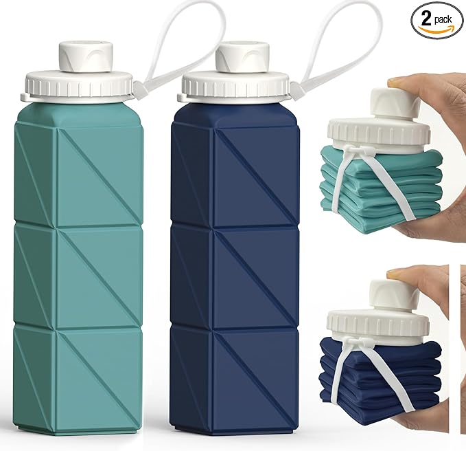 BEAUTAIL Collapsible Water Bottles 20.6oz (610 ml) 2 Pack, Silicone Foldable Portable Travel Water Bottle, BPA-free, Reusable Leakproof for Traveling Camping Hiking Cycling Sports Outdoor (Blue+DKBL)