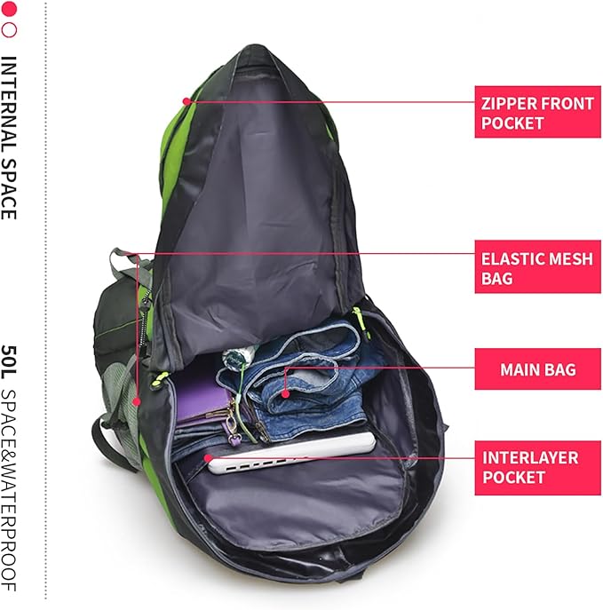 Bseash 50L Hiking Backpack, Water Resistant Lightweight Outdoor Sport Daypack Travel Bag for Camping Climbing Skiing Cycling (Green - No Shoe Compartment)