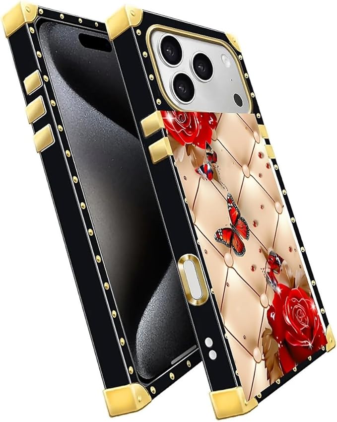 For iPhone 17 Pro Max Case Luxury Golden Decoration For Girl Women Soft TPU Shockproof Protective Hard PC Back For iPhone 17 Pro Max Crazy Pattern Shining Red Rose Butterfly Leather Background