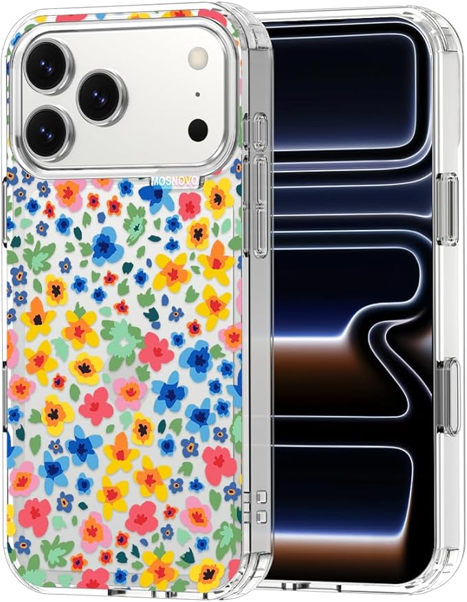 MOSNOVO for iPhone 17 Pro Max Case | Military Grade 6.6ft Drop Tested | Camera Control | Clear with Little Flowers Design