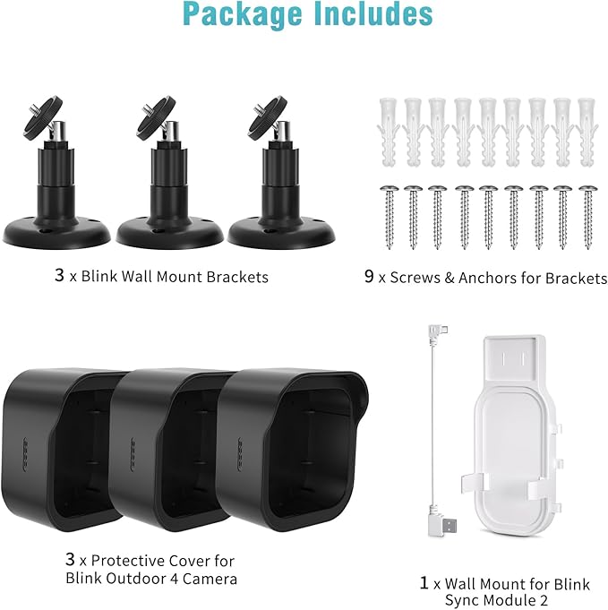 All-New Blink Outdoor Camera Wall Mount,3 Pack Weatherproof Housing, 360 Degrees Adjustable Bracket with Sync Module Core Mount for Blink Outdoor 2K+, 4th & 3rd Gen, Black(Camera is Not Included)