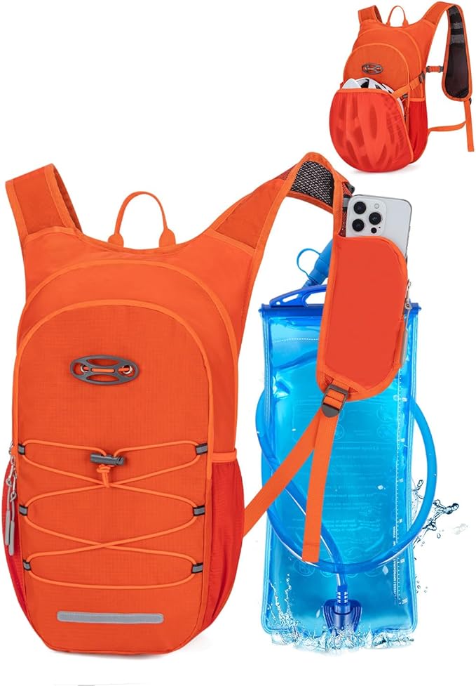 Hydration Backpack with 2L Water Bladder, Hiking Water Backpack for Men Women with Phone Pocket and Helmet Holder