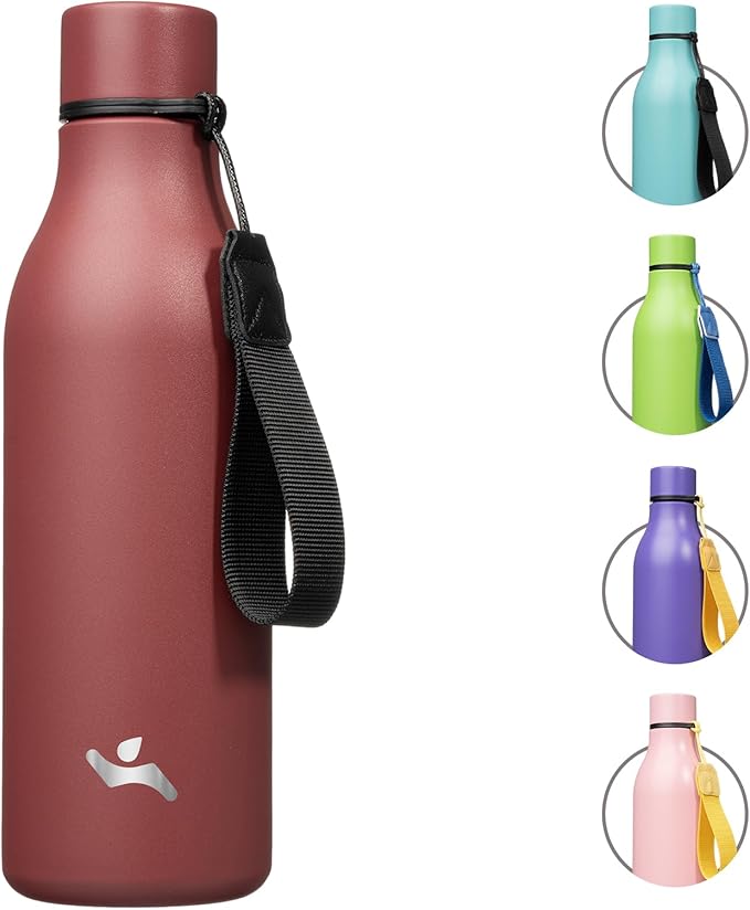 Konokyo Insulated Water Bottle with Strap,18 oz Double Wall Stainless Steel Vacuum Bottles Metal Water Flask,Brick Red