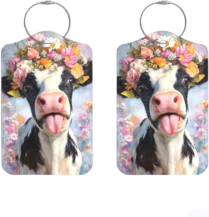 2Pcs Spring Floral Cow Luggage Tags for Suitcases, 2.83x4.53 Cute Farm Animal ID Labels with Privacy Cover, Aesthetic Flower Crown Bag Tags for Backpacks, Mothers Day Travel Gifts, Set of 2