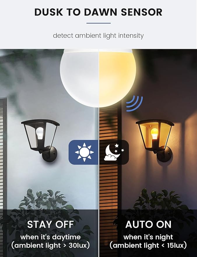 MikeWin Dusk to Dawn Light Bulbs Outdoor, 3000K Warm White, 12W(100W Equivalent) Auto ON/Off Light Sensor LED Lighting Bulb for Wall Lantern, Porch, Boundary, Garage, Patio, Front Door, 4 Pack
