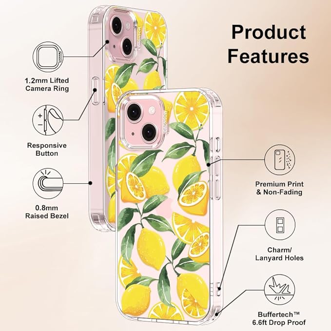 MOSNOVO Case for iPhone 15 Plus/iPhone 14 Plus, [Buffertech 6.6ft Military-Grade Drop Protection] [Anti Peel Off Tech] Clear TPU Bumper Phone Case Cover Design - Lemon
