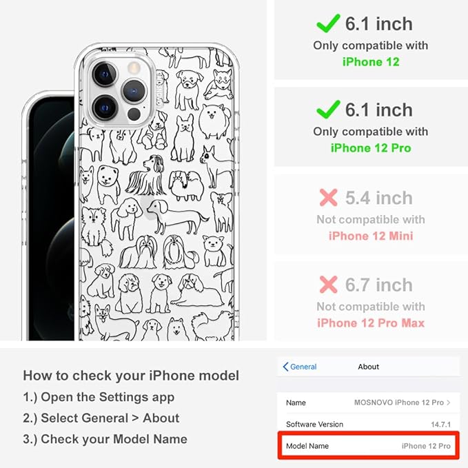 MOSNOVO Case for iPhone 12 & iPhone 12 Pro, [Buffertech 6.6ft Military-Grade Drop Protection] [Anti Peel Off Tech] Clear TPU Bumper Phone Case Cover Design - Doodle Dog