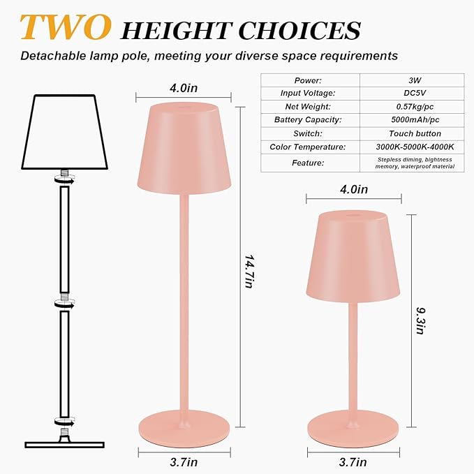 Kakanuo Cordless Table Lamp Rechargeable Pink - KK 2 Pack 5000mAH Battery Operated Lamp for Counter, 3 Color Stepless Dimming Wireless Lamp for Dining Kitchen, Outdoor Patio, Touch Control