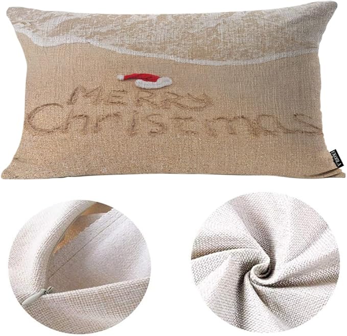 EKOBLA Merry Christmas Decorative Pillow Cushion Covers Xmas Quote Written On Tropical Beach Sand Oblong Rectangle Throw Pillow Cases for Sofa Bed Couch Cotton Linen 12x20 Inches