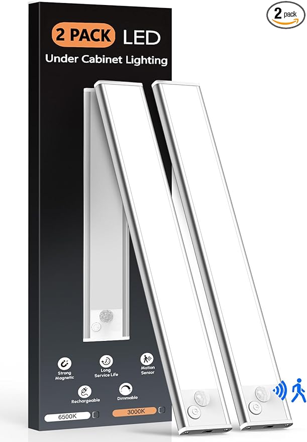 VerRon 10in Under Cabinet Lighting, Upgraded 2200mAh Rechargeable Under Cabinet Lights Wireless, LED Motion Sensor Light Indoor Closet Lights Under-Counter Light Fixtures for Kitchen, Hallway, 2-Pack