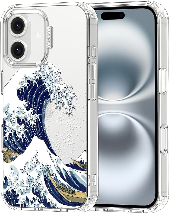MOSNOVO Case for iPhone 16 Plus, [Buffertech 6.6ft Military-Grade Drop Protection] [Anti Peel Off Tech] Clear TPU Bumper Phone Case Cover Design - Great Wave