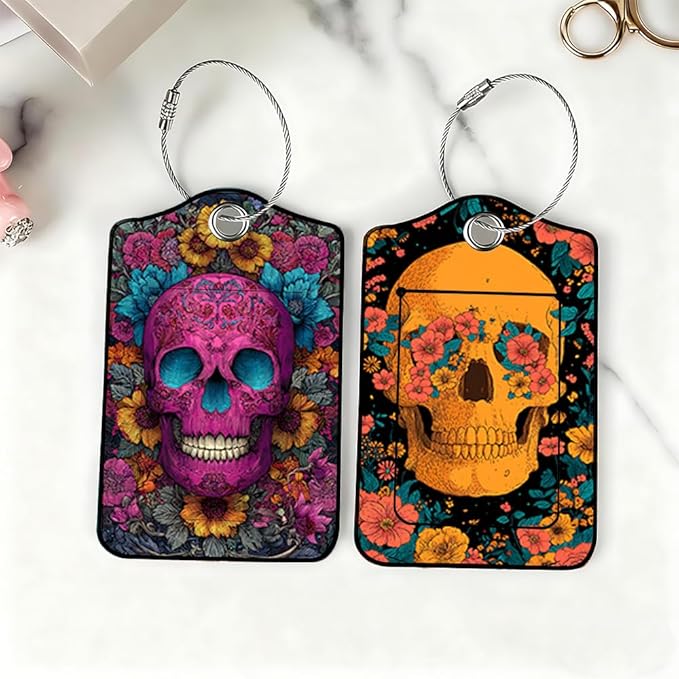 Cinco de Mayo Floral Skull Luggage Tags 2 Pcs, Mexican Fiesta Bag Tags for Luggage, Vibrant Travel Suitcase Name ID Identifiers, 2.83x4.53 Inch