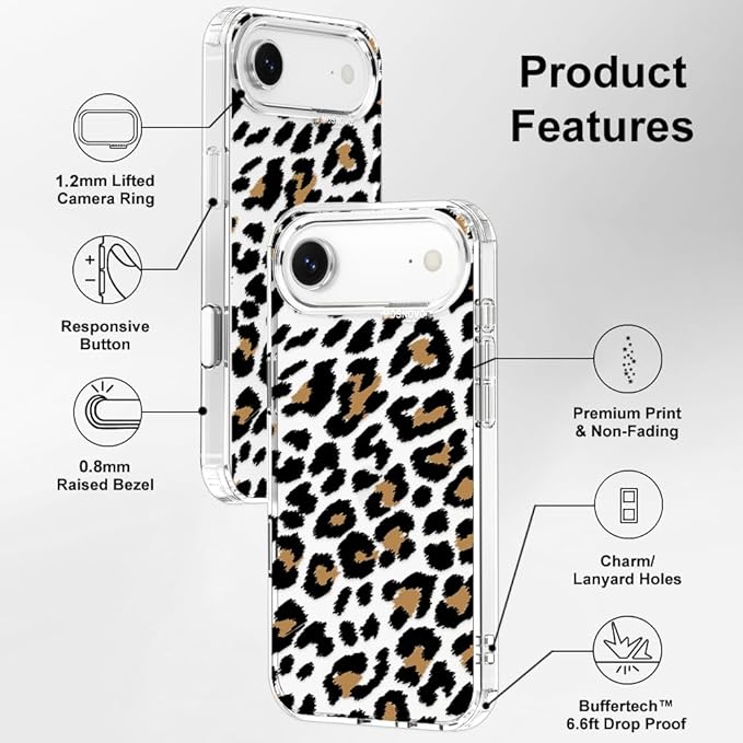 MOSNOVO for iPhone Air Case | Military Grade 6.6ft Drop Tested | Camera Control | Clear with Leopard Print Design