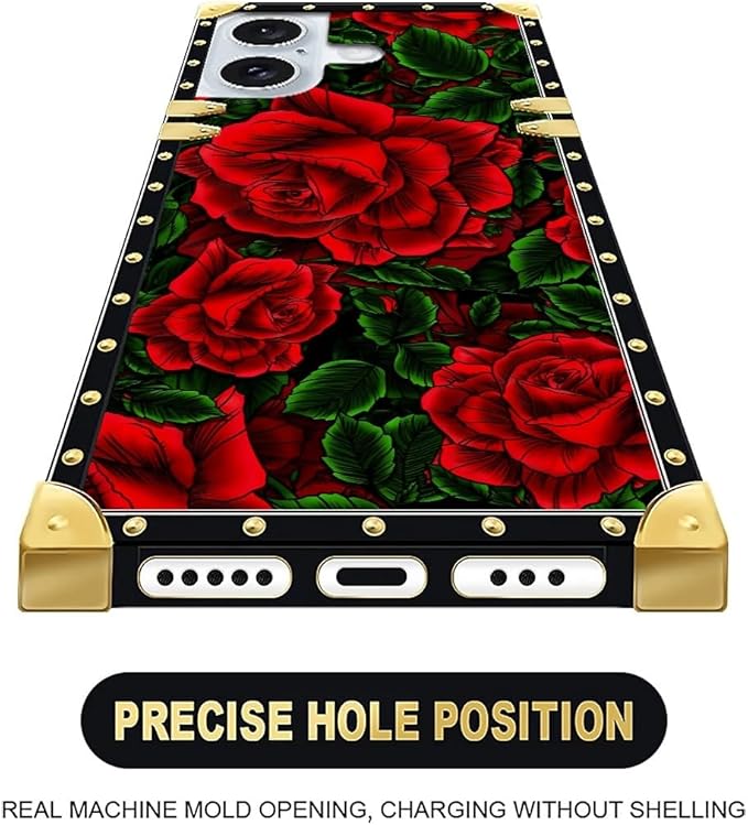 Compatible with iPhone 16 Plus Case, Vector Red Rose Green Leaf Luxury Golden Decoration for Girl Women Soft TPU Shockproof Protective Hard PC Back