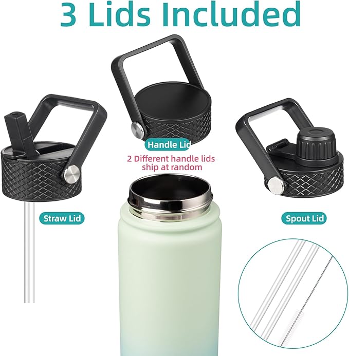Konokyo 22oz Stainless Steel Bottles with 3 Lids Sport Insulated Water Bottle,Mint