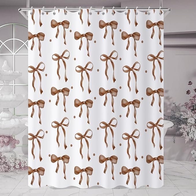 Brown Bow Shower Curtain, Brown and White Modern Aesthetic Bowknot with Polka Dot Cute Girly Bathroom Curtain Waterproof Fabric Machine Washable with Hooks, 72" Wx72 L