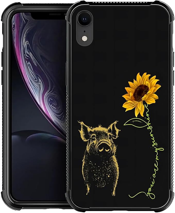 for iPhone XR Case, Pig Sunflower Yellow Sunshine Pattern Graphic Design Girl Boy Soft Silicone Hard Acrylic Shock Protection for iPhone XR
