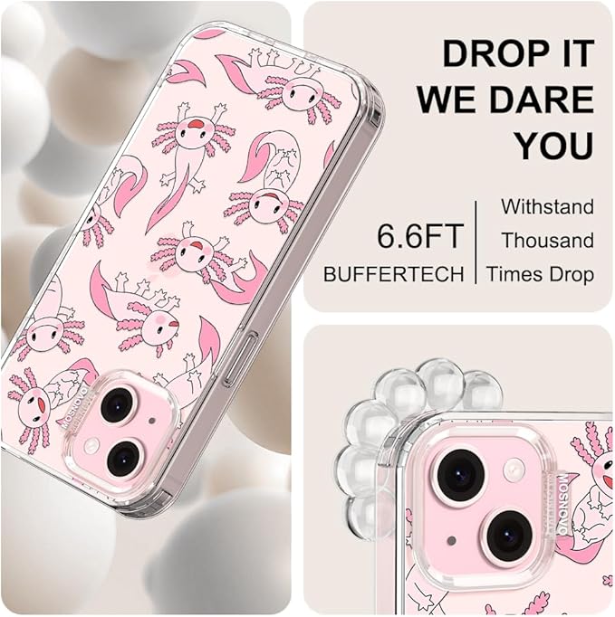 MOSNOVO Case for iPhone 15, [Buffertech 6.6ft Military-Grade Drop Protection] [Anti Peel Off Tech] Clear TPU Bumper Phone Case Cover Design - Pink Axolotl