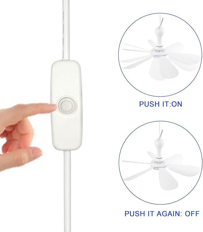 USB Powered Ceiling Fan Portable Canopy Fan with ON/OFF switch, 6 Blades Quiet Small DC USB Ceiling Fan Hanging Fan for Camping Cruise RV Tent Gazebo Bed Dormitory Home Room