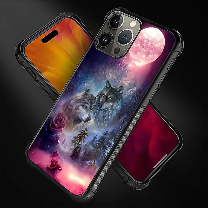 for iPhone 16 Pro Case, Star Two Wolfs Howling Pattern Graphic Design Girl Boy Soft Silicone Hard Acrylic Shock Protection for iPhone 16 Pro